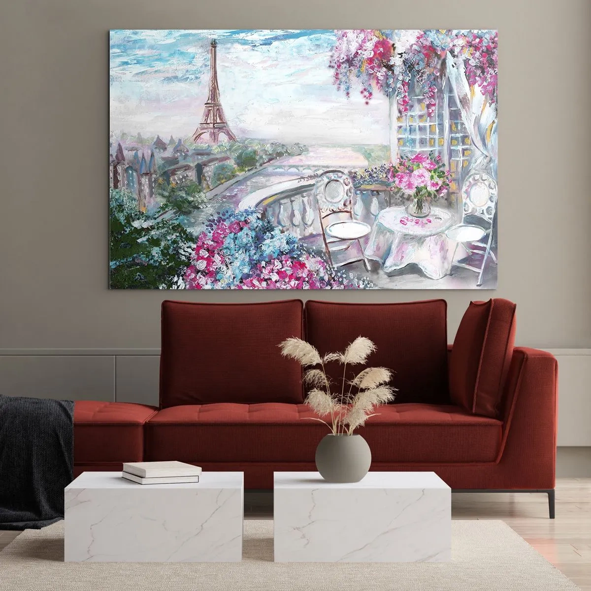 Quadro su vetro - Illustrazione di una vista della Torre Eiffel con un balcone pieno di fiori - 120x80cm - Bellissimo qui a maggio - Decorazione murale moderna per soggiorno e camera da letto ARTTOR