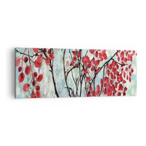 Quadro su tela - Stampe su Tela - Foglie rosse contro un cielo luminoso con motivi astratti - 140x50cm - Albero in scarlatto - Decorazione murale moderna per soggiorno e camera da letto ARTTOR
