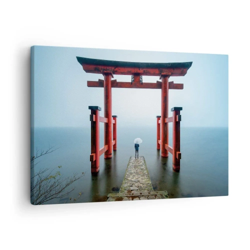 Quadro su tela - Stampe su Tela - Un cancello torii che si affaccia su un tranquillo lago in Giappone - 70x50cm - Meditazione giapponese - Decorazione murale moderna per soggiorno e camera da letto ARTTOR