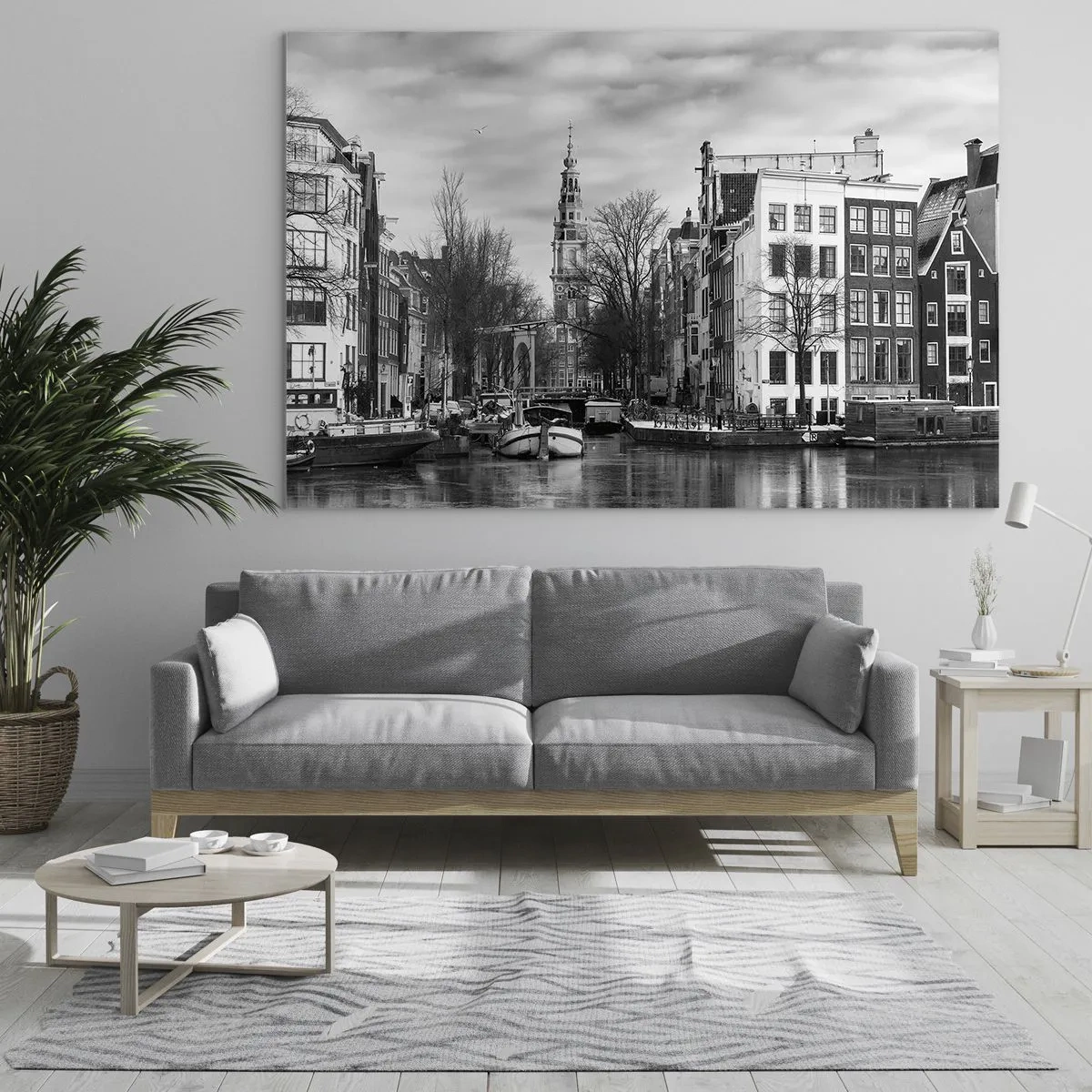 Quadro su vetro - Vista in bianco e nero di un canale di Amsterdam - 70x50cm - Atmosfera di Amsterdam - Decorazione murale moderna per soggiorno e camera da letto ARTTOR