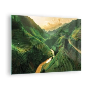 Quadro su vetro - Pittoresche terrazze di riso nella valle al tramonto - 70x50cm - Valle del Vietnam - Decorazione murale moderna per soggiorno e camera da letto ARTTOR