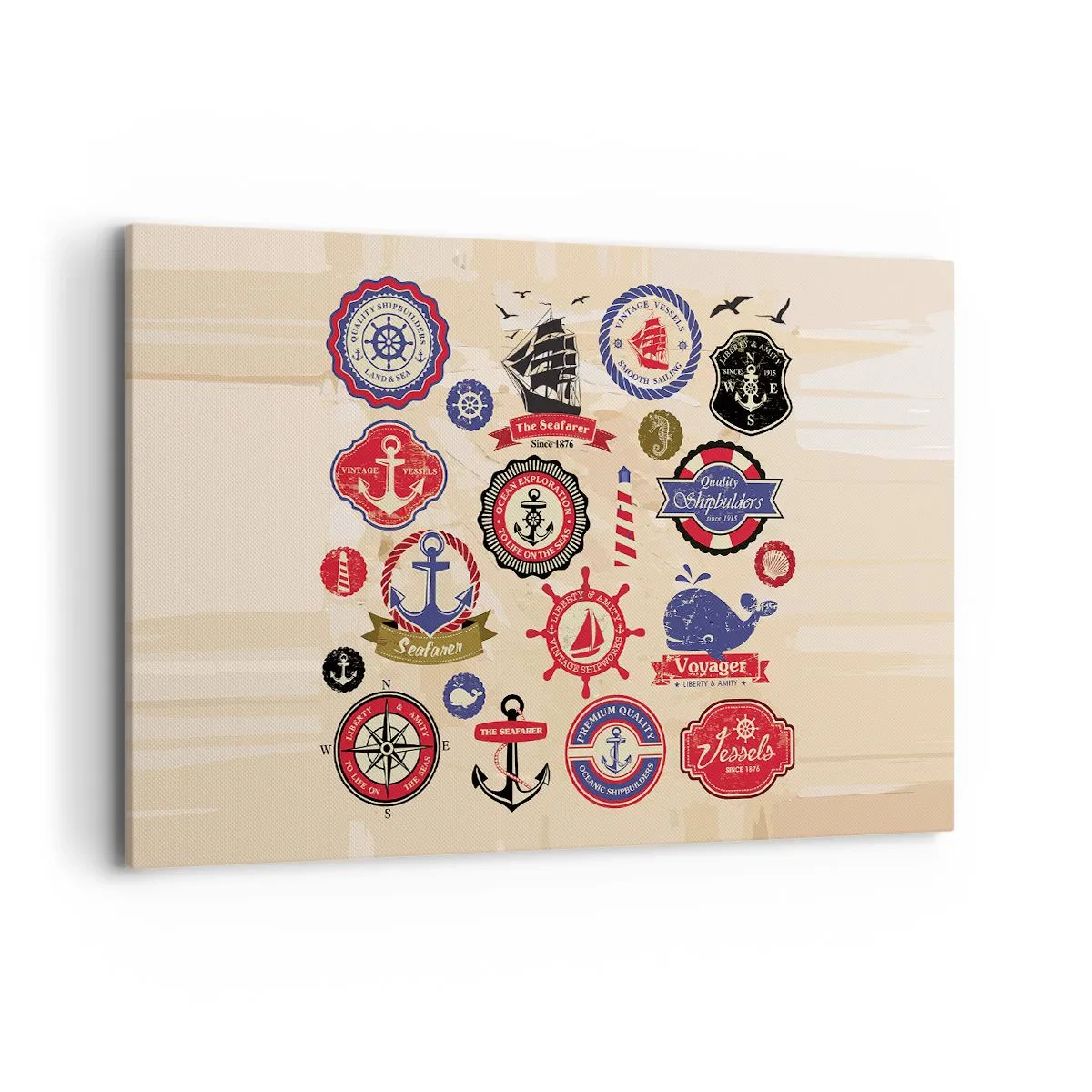 Quadro su tela - Stampe su Tela - Una raccolta di grafici e simboli nautici su uno sfondo chiaro - 120x80cm - Fratellanza di vela - Decorazione murale moderna per soggiorno e camera da letto ARTTOR