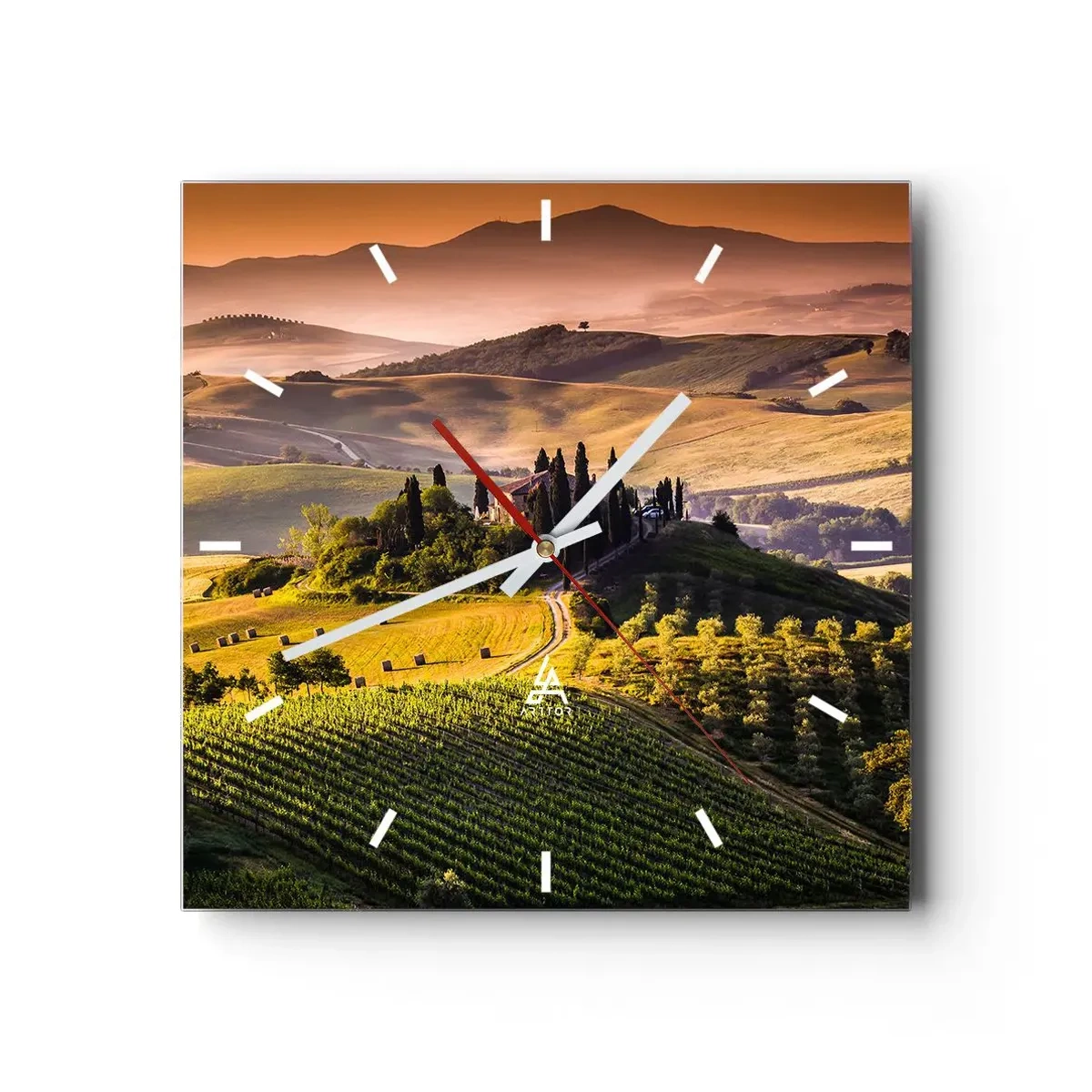 Orologio da parete - Orologio in Vetro - Paesaggio toscano con vigneti e una casa su una collina - 30x30cm - Arcadia: paesaggio toscano - Decorazione murale moderna per soggiorno e camera da letto ARTTOR