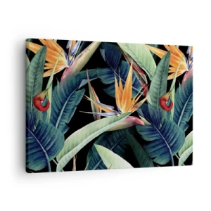 Quadro su tela - Stampe su Tela - Fiori e foglie tropicali su sfondo nero - 70x50cm - I fiori fiammeggianti dei tropici - Decorazione murale moderna per soggiorno e camera da letto ARTTOR