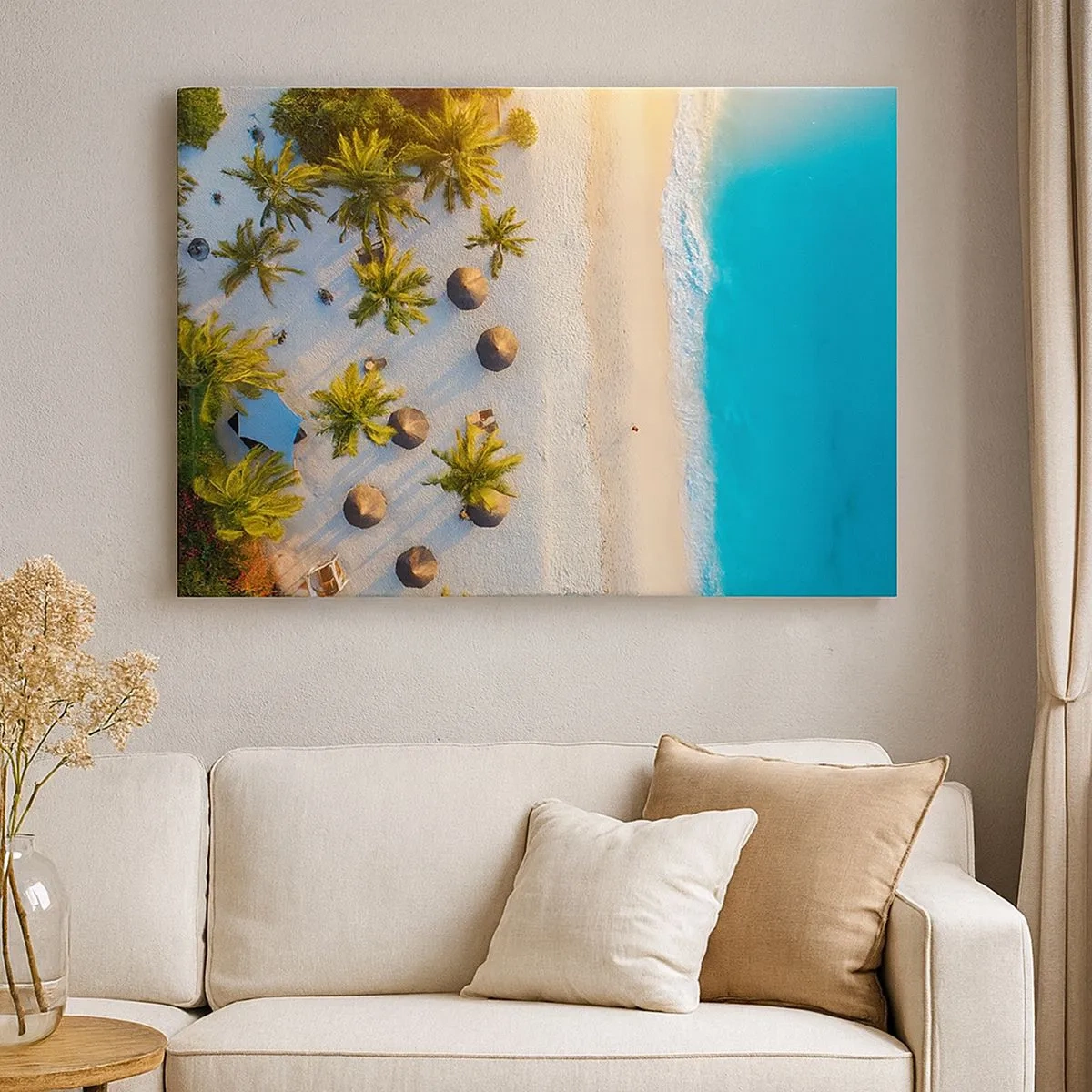 Quadro su tela - Stampe su Tela - Vista di una spiaggia tropicale con palme e mare turchese - 70x50cm - Benvenuti in paradiso - Decorazione murale moderna per soggiorno e camera da letto ARTTOR
