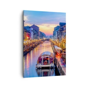 Quadro su tela - Stampe su Tela - Un canale illuminato circondato da edifici colorati - 50x70cm - Sera di luce e di divertimento - Decorazione murale moderna per soggiorno e camera da letto ARTTOR