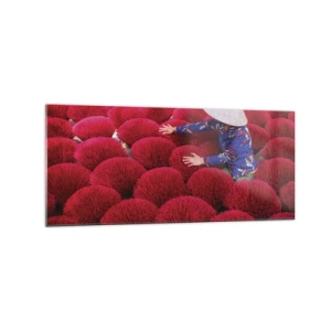 Quadro su vetro - Una donna che indossa un cappello tradizionale tra bastoncini di incenso rosso - 120x50cm - Nel campo di riso - Decorazione murale moderna per soggiorno e camera da letto ARTTOR