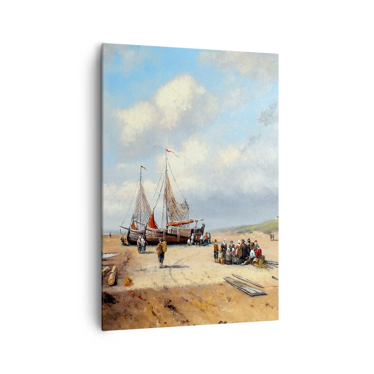 Quadro su tela - Stampe su Tela - Barche da pesca sulla spiaggia con figure umane - 70x100cm - Dopo una buona pesca - Decorazione murale moderna per soggiorno e camera da letto ARTTOR