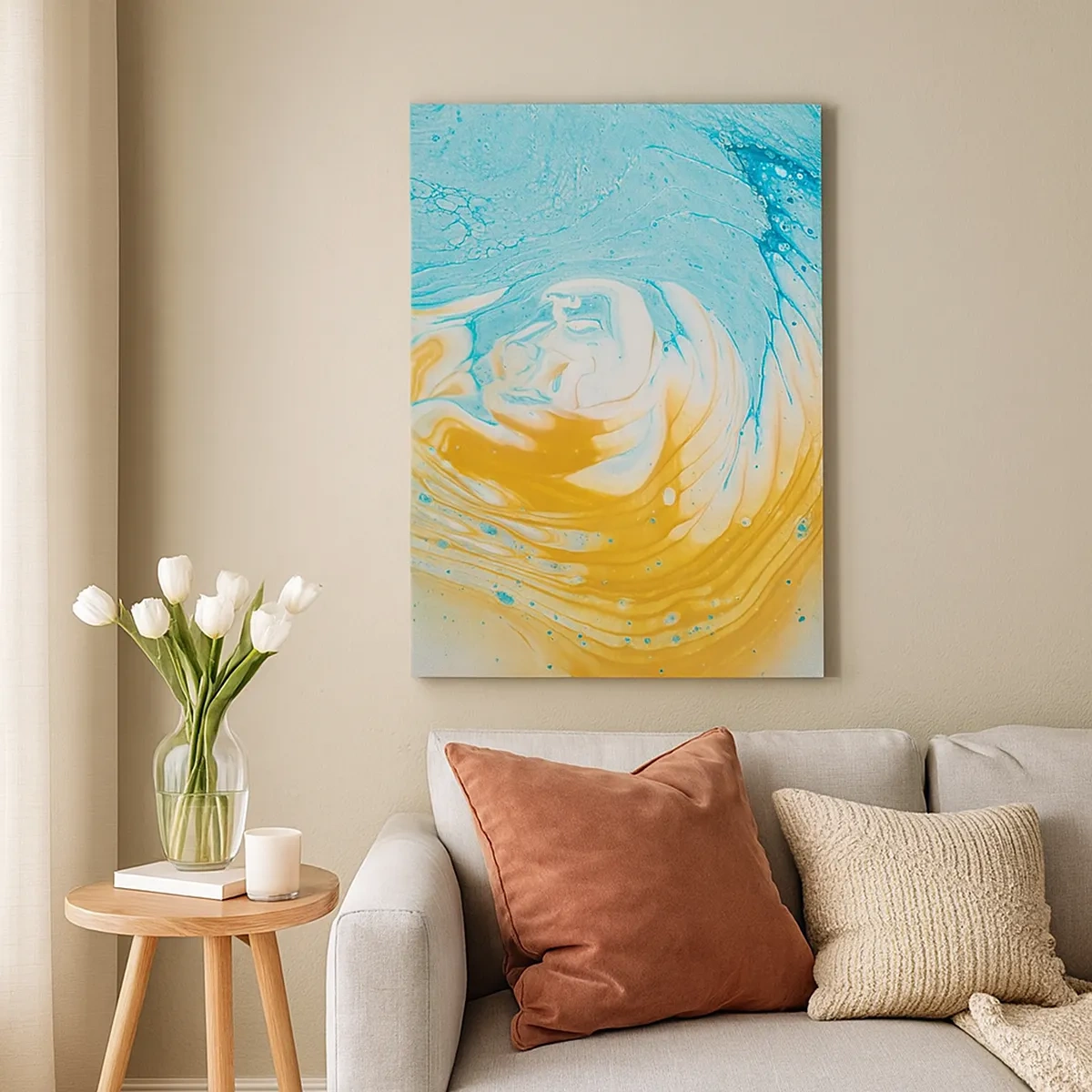 Quadro su tela - Stampe su Tela - Onde astratte nei toni del blu e dell'oro su tela - 50x70cm - Vortice pastello - Decorazione murale moderna per soggiorno e camera da letto ARTTOR