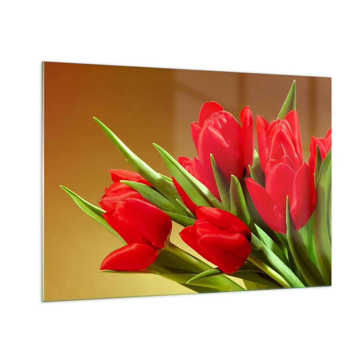 Quadro su vetro - Un mazzo di tulipani rossi su sfondo dorato - 100x70cm - Un mazzo di gioia primaverile - Decorazione murale moderna per soggiorno e camera da letto ARTTOR