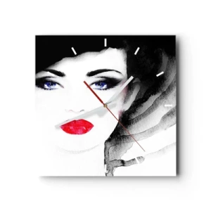 Orologio da parete - Orologio in Vetro - Ritratto di una donna con labbra rosse e occhi azzurri intensi - 30x30cm - Respinge e richiama - Decorazione murale moderna per soggiorno e camera da letto ARTTOR