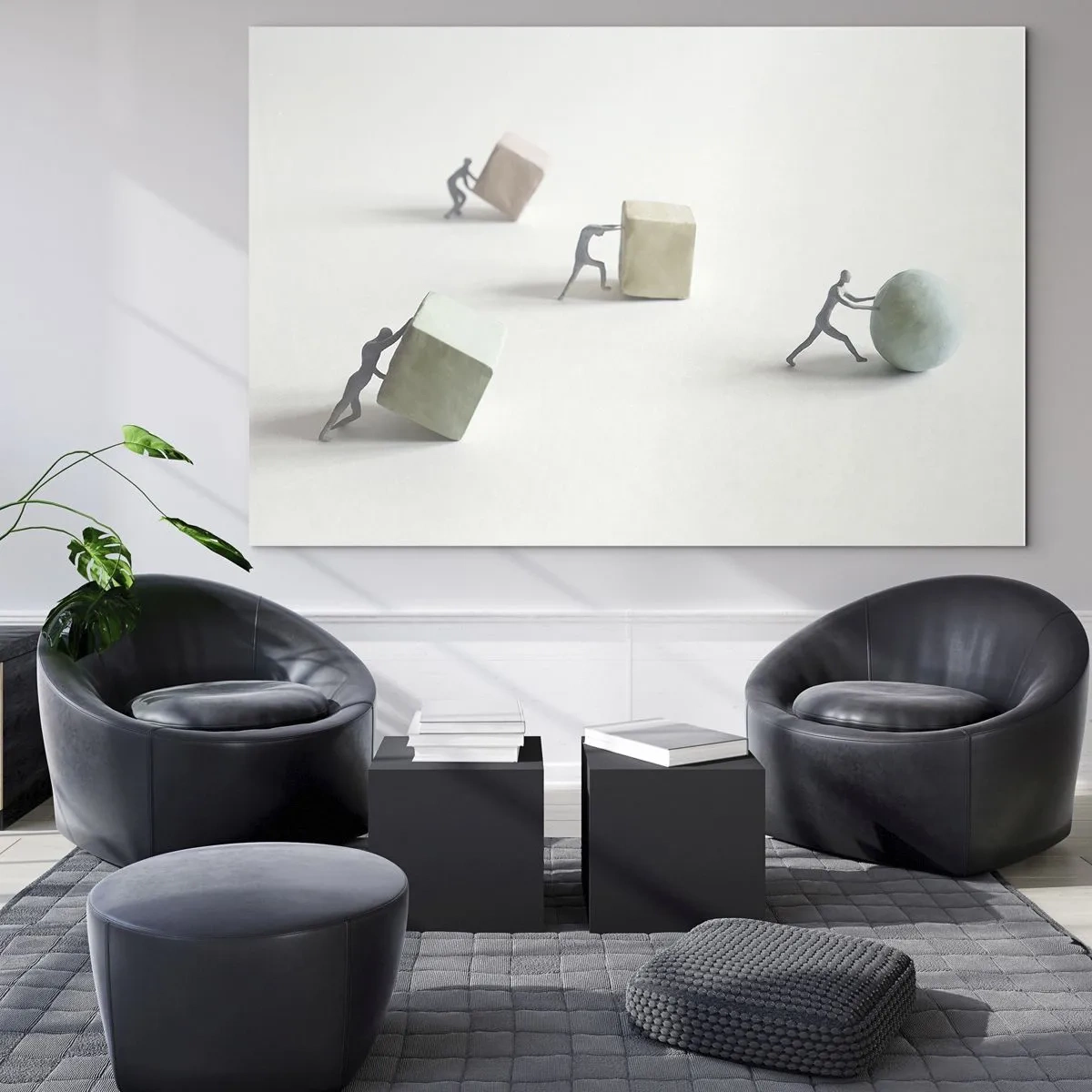 Quadro su vetro - Le figure in miniatura rotolano e spingono forme geometriche. - 70x50cm - È la vita - Decorazione murale moderna per soggiorno e camera da letto ARTTOR