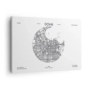 Quadro su tela - Stampe su Tela - Una mappa minimalista di Doha in bianco e nero con dettagli precisi. - 70x50cm - Anatomia di Doha - Decorazione murale moderna per soggiorno e camera da letto ARTTOR