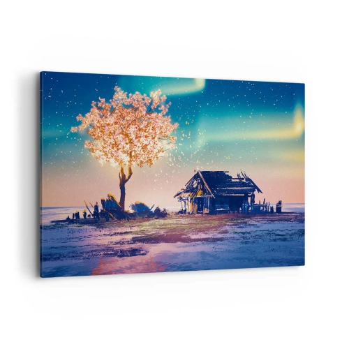 Quadro su tela - Stampe su Tela - Una casa e un albero in fiore sotto il cielo notturno - 100x70cm - La natura non passa - Decorazione murale moderna per soggiorno e camera da letto ARTTOR