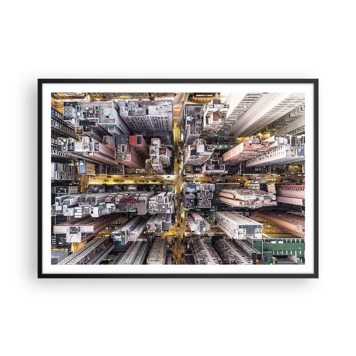 Poster in cornice nera - Una vista a volo d'uccello di una città piena di grattacieli - 100x70cm - Saluti da Hong Kong - Decorazione murale moderna per soggiorno e camera da letto ARTTOR