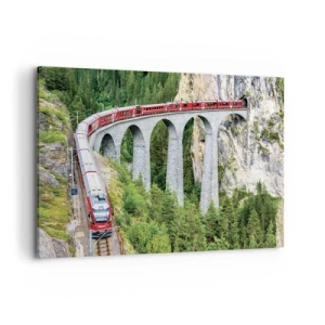 Quadro su tela - Stampe su Tela - Un treno su un pittoresco viadotto in un paesaggio montuoso - 120x80cm - Il treno tra i monti - Decorazione murale moderna per soggiorno e camera da letto ARTTOR