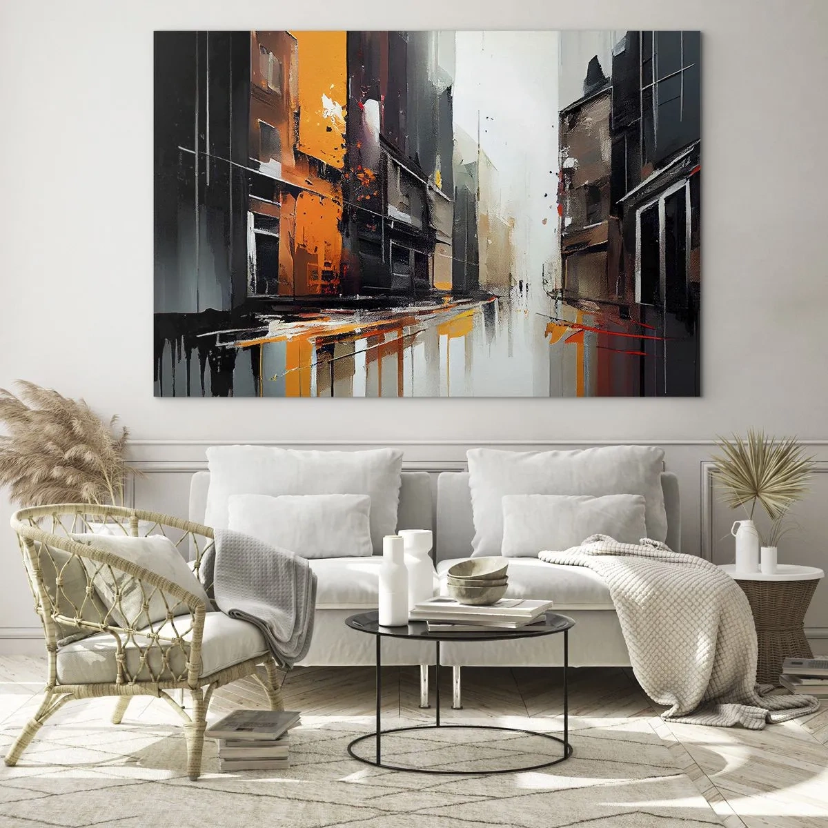 Quadro su vetro - Una strada sotto la pioggia con alti edifici dai colori caldi - 100x70cm - Un giorno di pioggia - Decorazione murale moderna per soggiorno e camera da letto ARTTOR