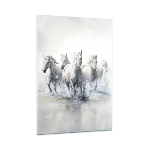 Quadro su vetro - Cavalli bianchi che galoppano nell'acqua in una composizione dinamica - 50x70cm - Magia bianca - Decorazione murale moderna per soggiorno e camera da letto ARTTOR