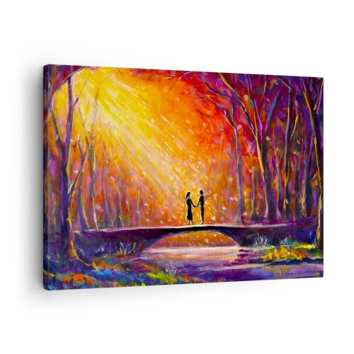 Quadro su tela - Stampe su Tela - Coppia romantica su un ponte nella foresta autunnale - 70x50cm - Anche il cielo li ama - Decorazione murale moderna per soggiorno e camera da letto ARTTOR