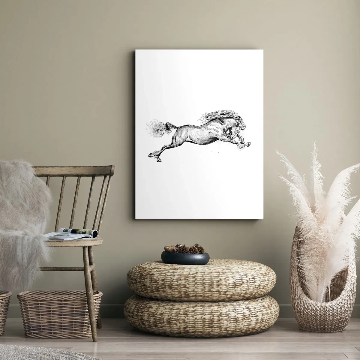 Quadro su tela - Stampe su Tela - Schizzo di un cavallo al galoppo dinamico su sfondo bianco - 80x120cm - Fermo al galoppo - Decorazione murale moderna per soggiorno e camera da letto ARTTOR