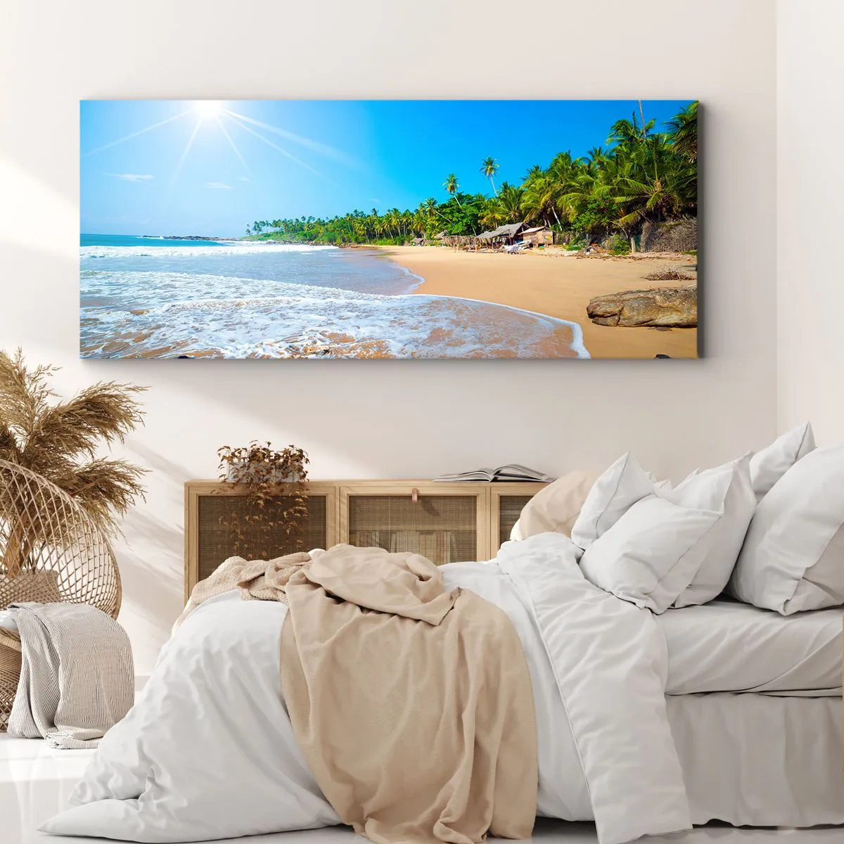 Quadro su tela - Stampe su Tela - Spiaggia tropicale con palme e cielo azzurro - 160x50cm - Un luogo esotico per te - Decorazione murale moderna per soggiorno e camera da letto ARTTOR