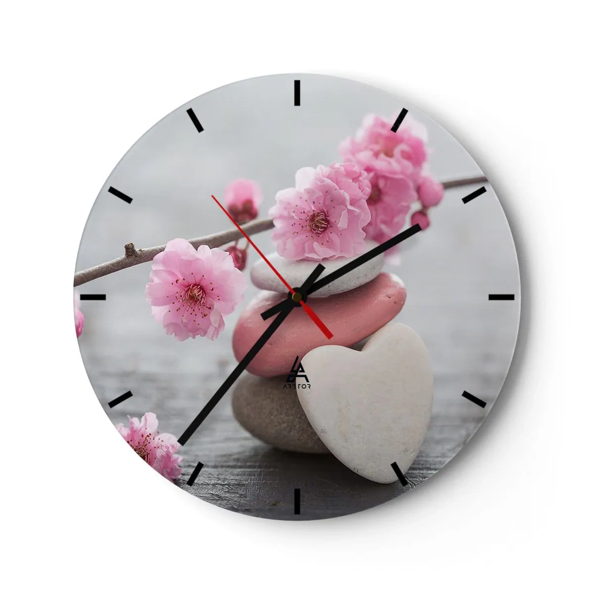 Orologio da parete - Orologio in Vetro - Fiori di ciliegio rosa su un ramo con pietre decorative - 30x30cm - Serenità con fiori di ciliegio - Decorazione murale moderna per soggiorno, cucina e camera da letto ARTTOR