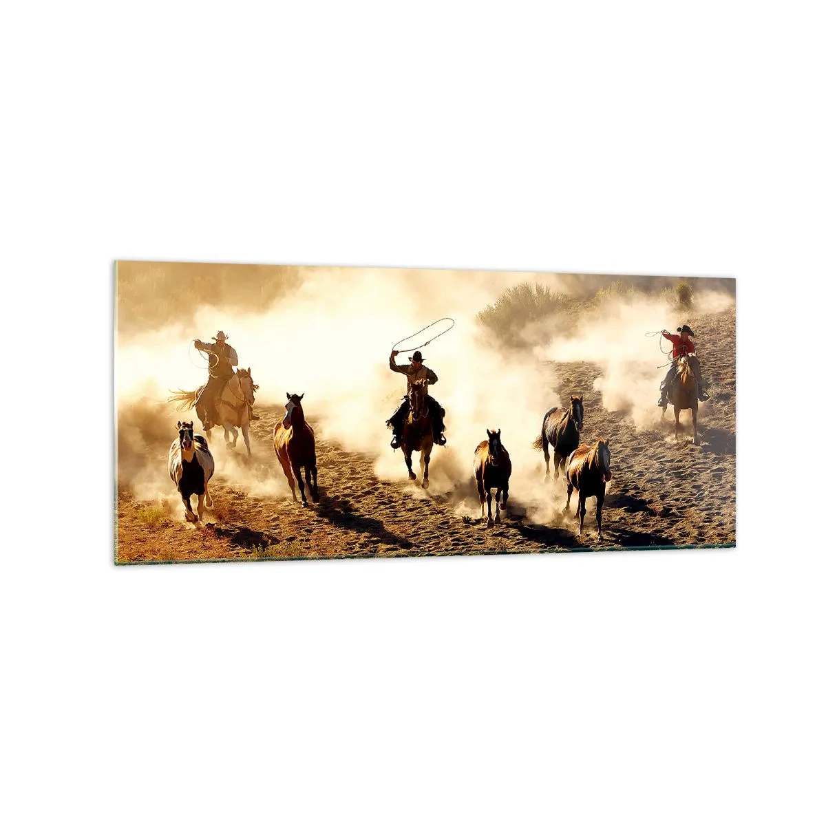 Quadro su vetro - Cowboy a cavallo in azione nel terreno desertico - 120x50cm - Il vero Far West - Decorazione murale moderna per soggiorno e camera da letto ARTTOR