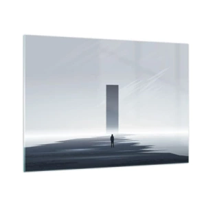 Quadro su vetro - Un paesaggio minimalista con una figura e un monolite in lontananza. - 100x70cm - Opportunità o minaccia? - Decorazione murale moderna per soggiorno e camera da letto ARTTOR