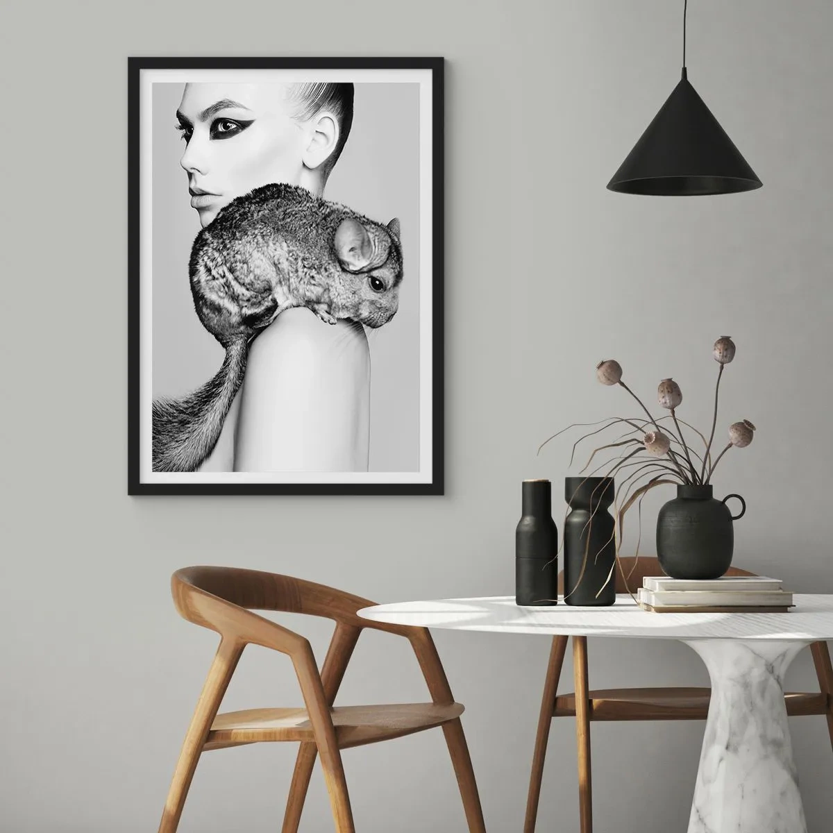 Poster in cornice nera - Dama con il cincillà - 40x50 cm