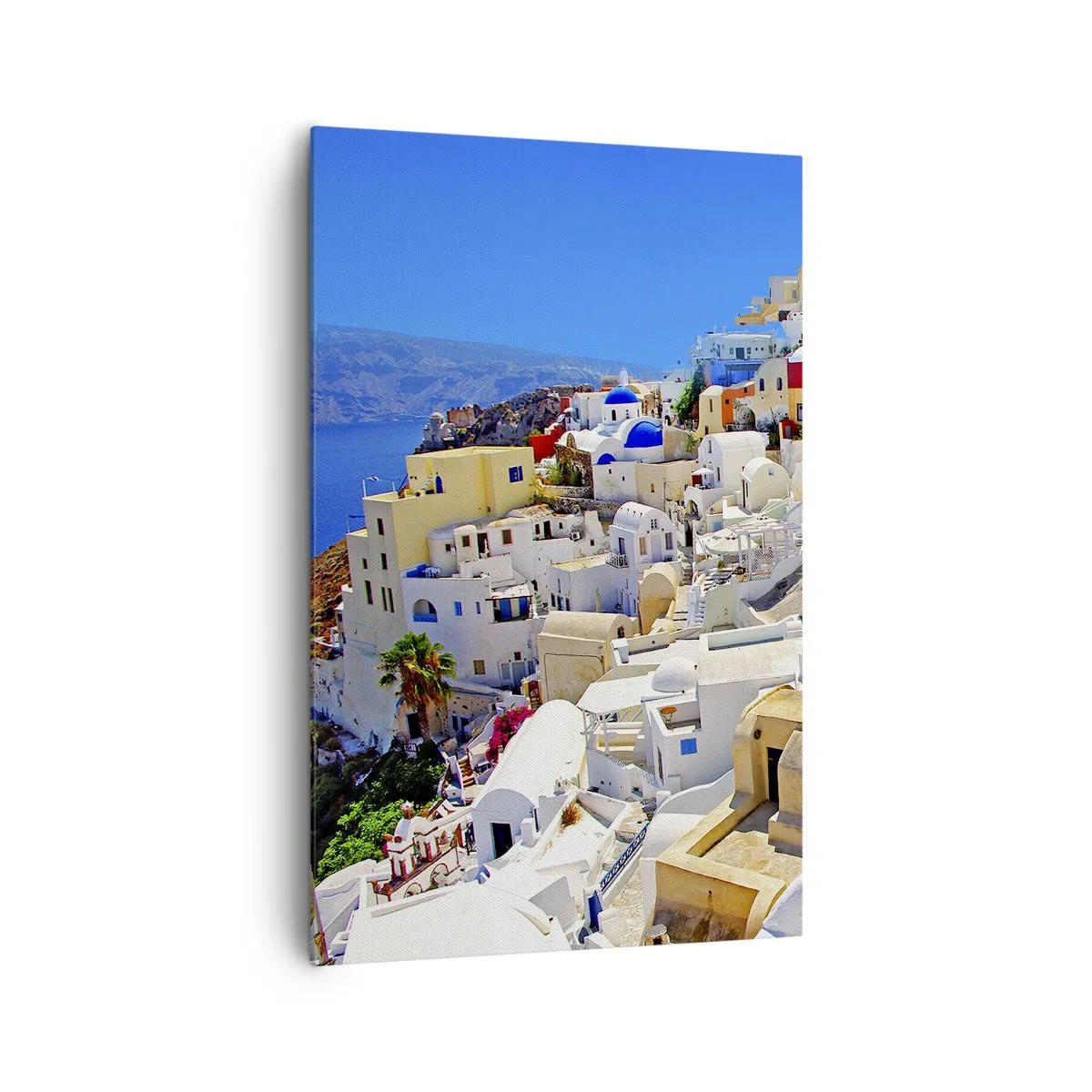 Quadro su tela - Stampe su Tela - Panorama di Santorini con case bianche e cielo azzurro - 80x120cm - Sogno di un'estate greca - Decorazione murale moderna per soggiorno e camera da letto ARTTOR