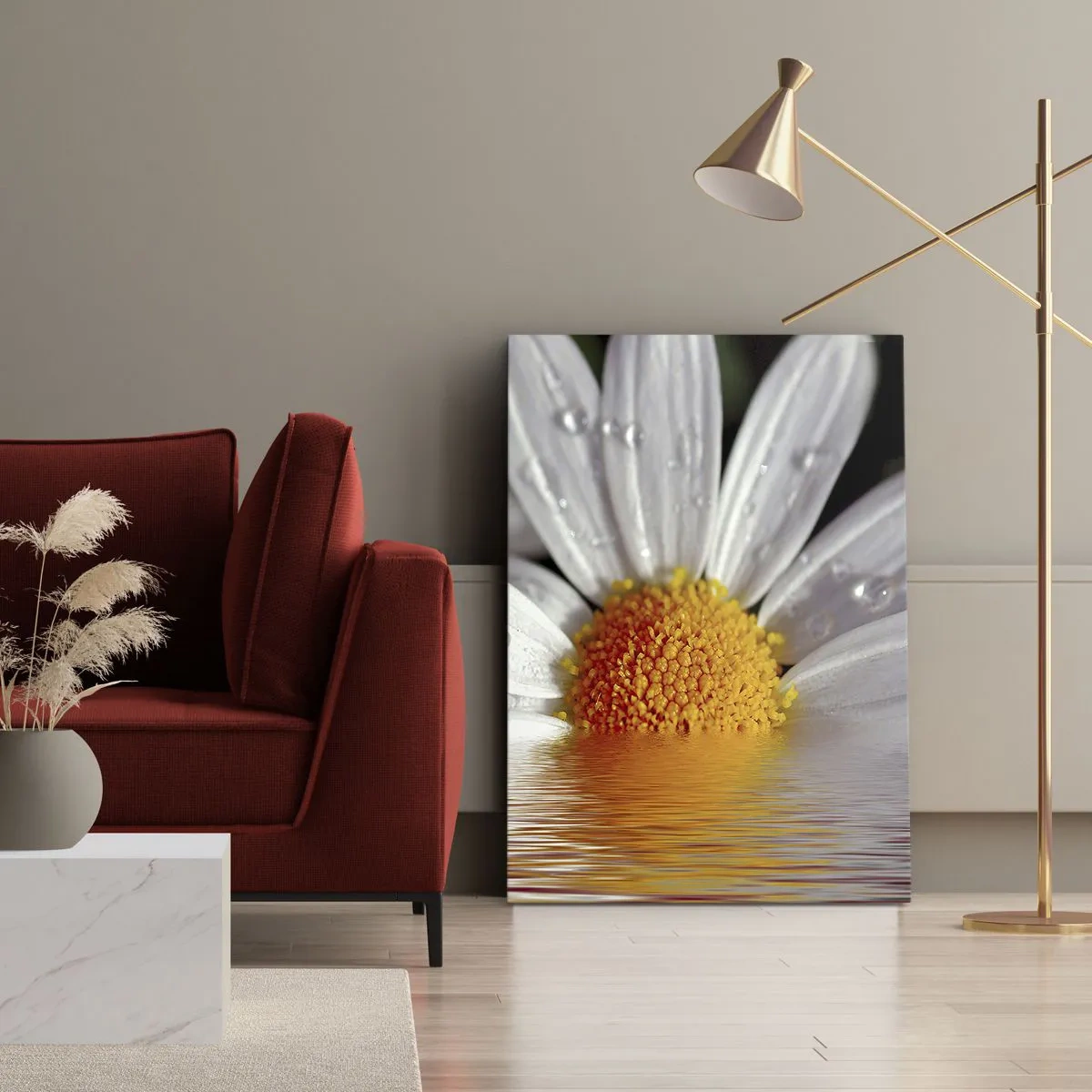 Quadro su tela - Stampe su Tela - Una margherita bianca con gocce d'acqua immerse in un riflesso d'acqua - 50x70cm - L'alba della margherita - Decorazione murale moderna per soggiorno e camera da letto ARTTOR
