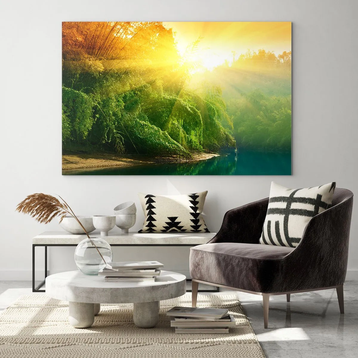 Quadro su vetro - Raggi di sole sulla vegetazione verde lungo il fiume - 100x70cm - Immergersi nel sole e nell'ombra - Decorazione murale moderna per soggiorno e camera da letto ARTTOR
