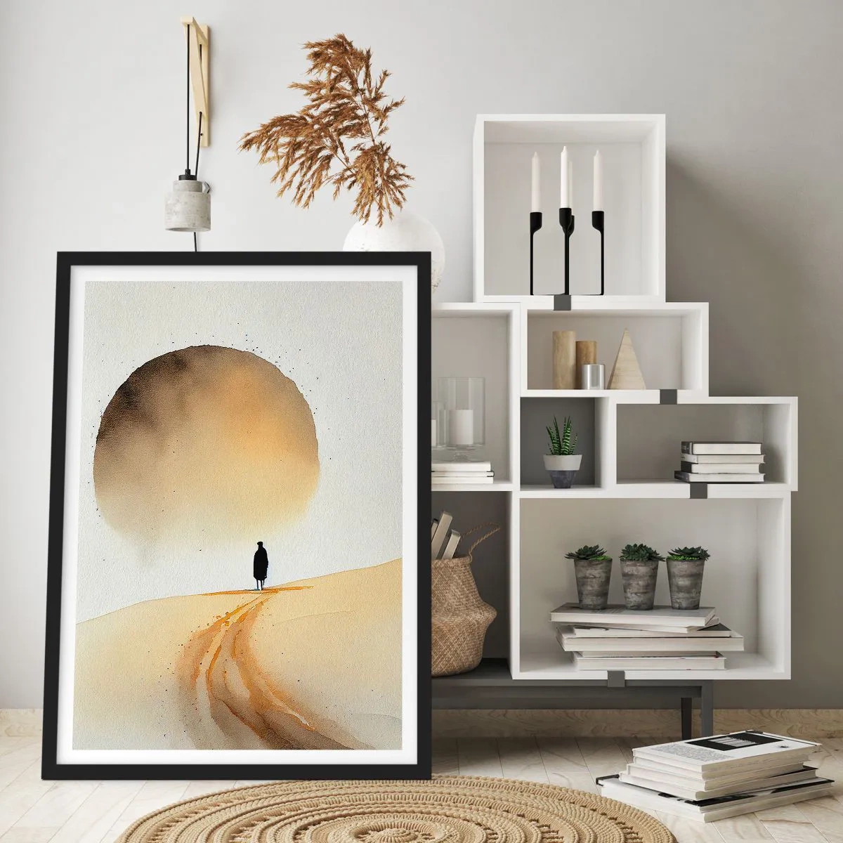 Poster in cornice nera - Silhouette di un viaggiatore su una strada deserta - 50x70cm - Ed è nostalgia - Decorazione murale moderna per soggiorno e camera da letto ARTTOR