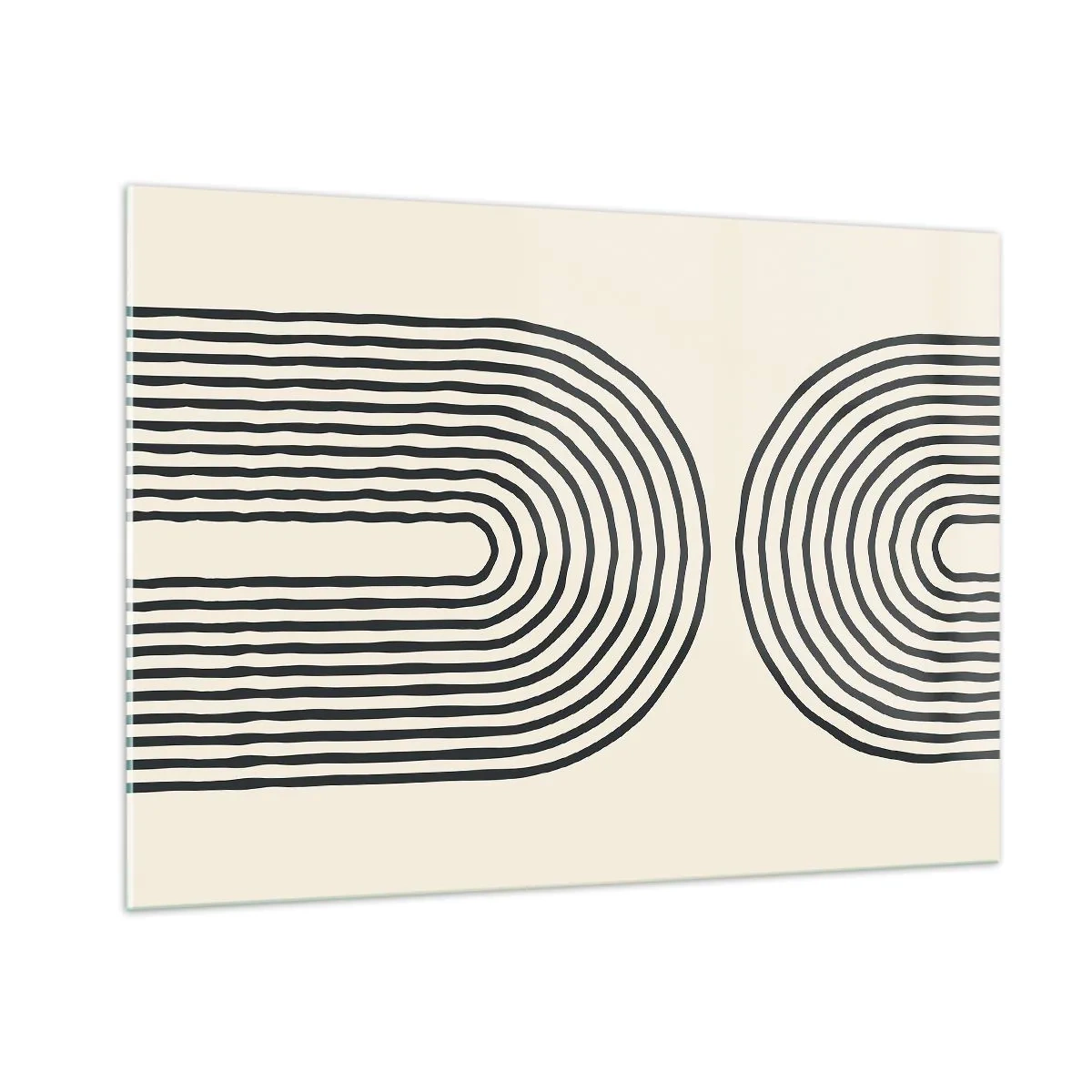 Quadro su vetro - Un dipinto astratto in bianco e nero raffigurante linee ad arco. - 100x70cm - Tra un attimo... - Decorazione murale moderna per soggiorno e camera da letto ARTTOR