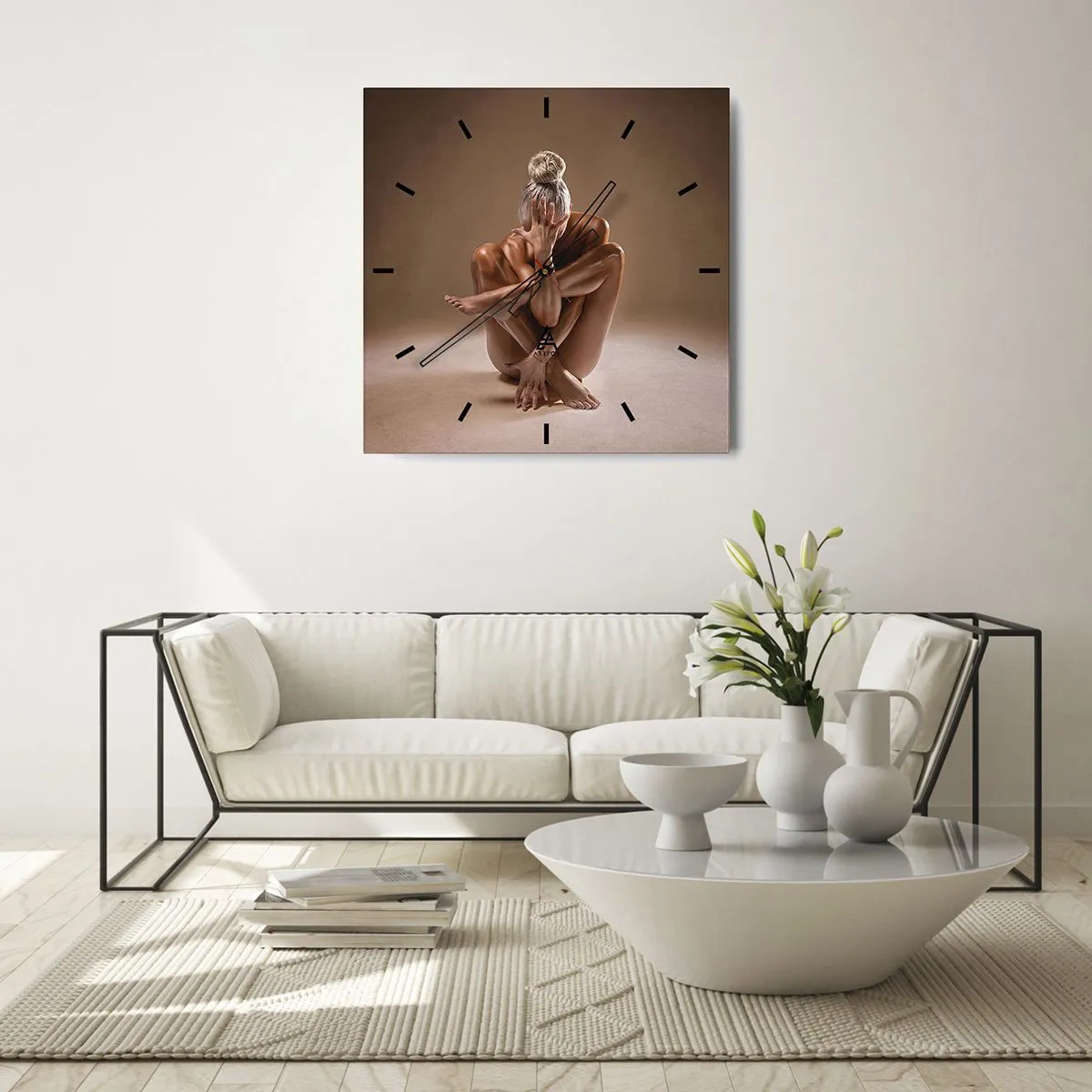 Orologio da parete - Orologio in Vetro - Silhouette artistica di una donna su sfondo beige - 30x30cm - Unità di corpo e anima - Decorazione murale moderna per soggiorno e camera da letto ARTTOR