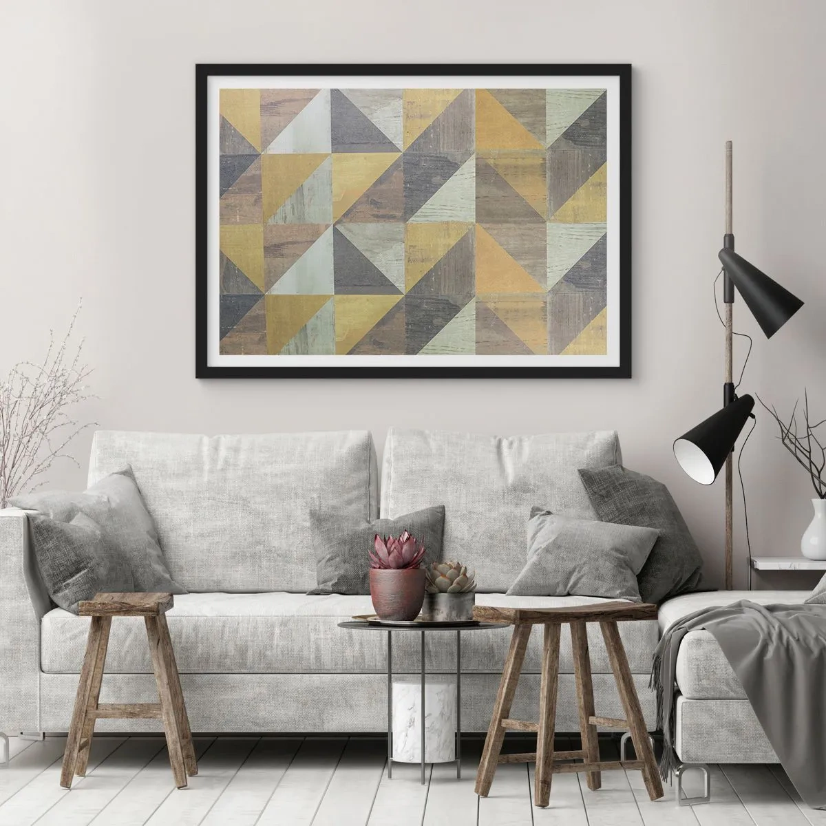 Poster in cornice nera - Composizione geometrica di triangoli in tonalità terrose - 100x70cm - Secondo i triangoli - Decorazione murale moderna per soggiorno e camera da letto ARTTOR