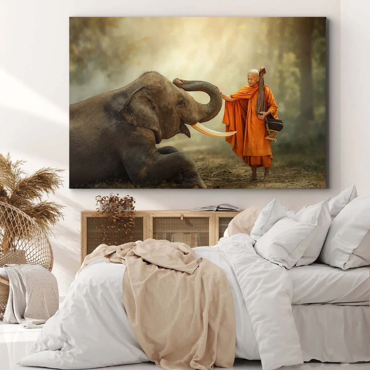 Quadro su tela - Stampe su Tela - Un monaco e un elefante in armonia sullo sfondo della natura - 120x80cm - Incontro nel viaggio - Decorazione murale moderna per soggiorno e camera da letto ARTTOR
