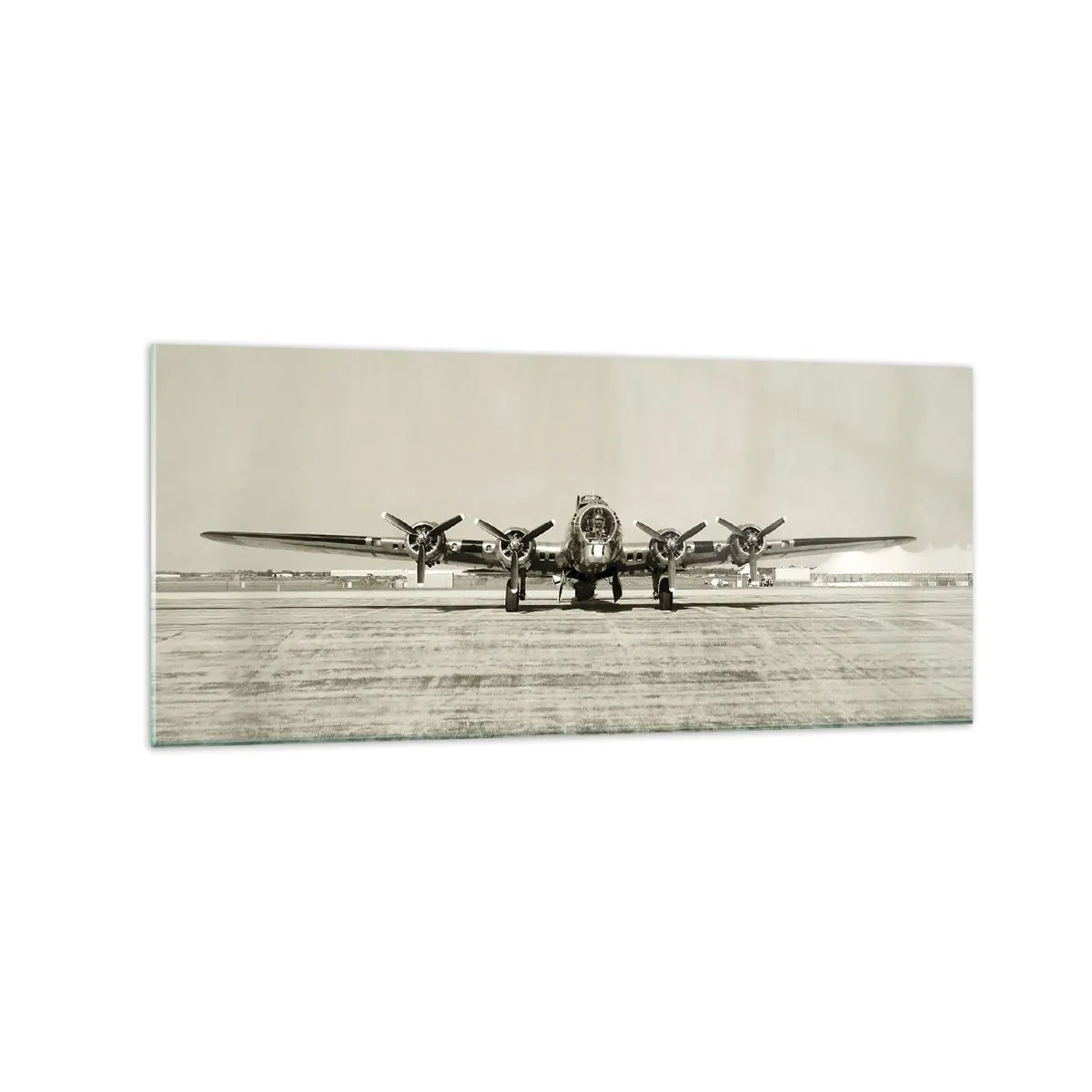 Quadro su vetro - Aereo storico all'aeroporto in seppia - 120x50cm - Pronto come sempre - Decorazione murale moderna per soggiorno e camera da letto ARTTOR