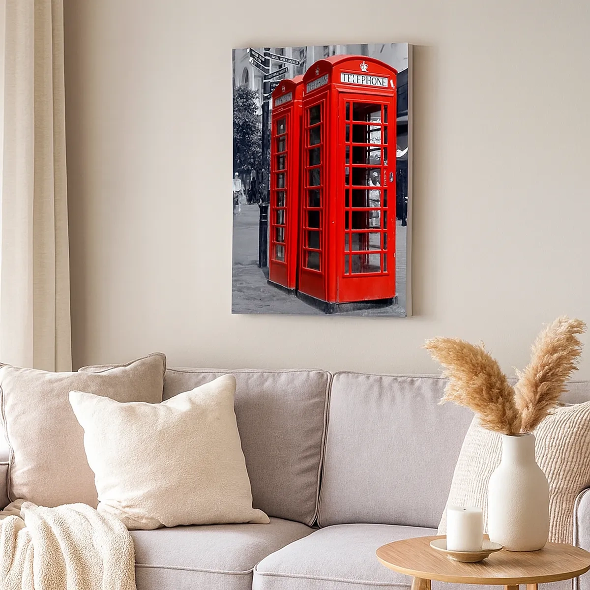 Quadro su tela - Stampe su Tela - Cabine telefoniche rosse su uno sfondo urbano bianco e nero. - 50x70cm - Cabine telefoniche rosse - Decorazione murale moderna per soggiorno e camera da letto ARTTOR
