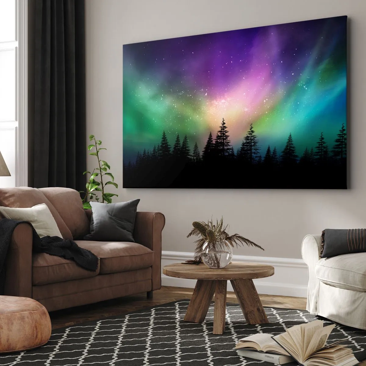 Quadro su tela - Stampe su Tela - Aurora boreale su una foresta con cielo stellato - 70x50cm - Magia bianca - Decorazione murale moderna per soggiorno e camera da letto ARTTOR