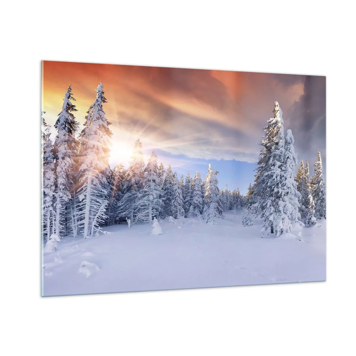 Quadro su vetro - Paesaggio invernale con alberi innevati al tramonto - 100x70cm - Spettacolo innevato della natura - Decorazione murale moderna per soggiorno e camera da letto ARTTOR