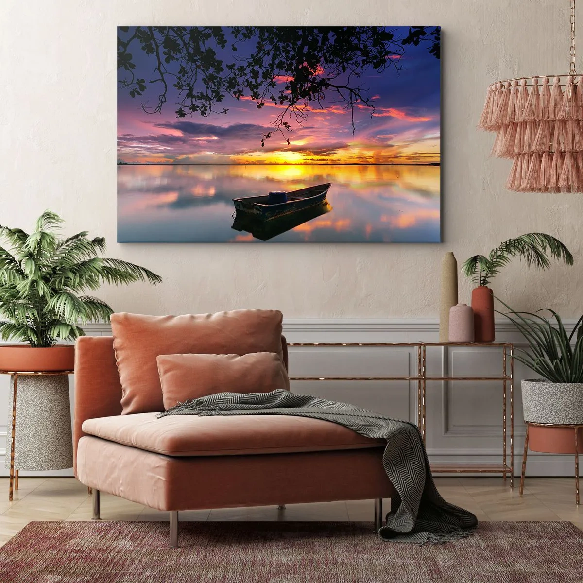 Quadro su tela - Stampe su Tela - Una barca in acque calme al tramonto - 120x80cm - Ti sembra di essere sospeso nel cielo... - Decorazione murale moderna per soggiorno e camera da letto ARTTOR