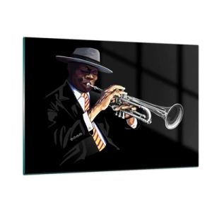 Quadro su vetro - Un musicista nero con una tromba e un cappello su uno sfondo nero - 120x80cm - Il fascino della Old School - Decorazione murale moderna per soggiorno e camera da letto ARTTOR