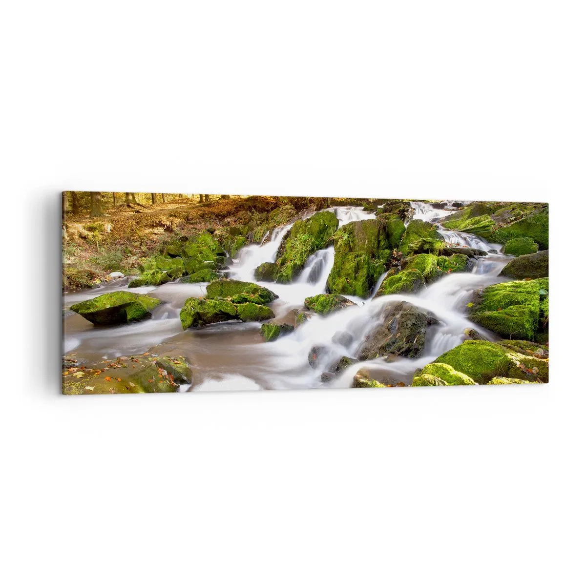 Quadro su tela - Stampe su Tela - Un paesaggio boscoso con una cascata circondata dal muschio - 140x50cm - Rapido nel bosco autunnale - Decorazione murale moderna per soggiorno e camera da letto ARTTOR