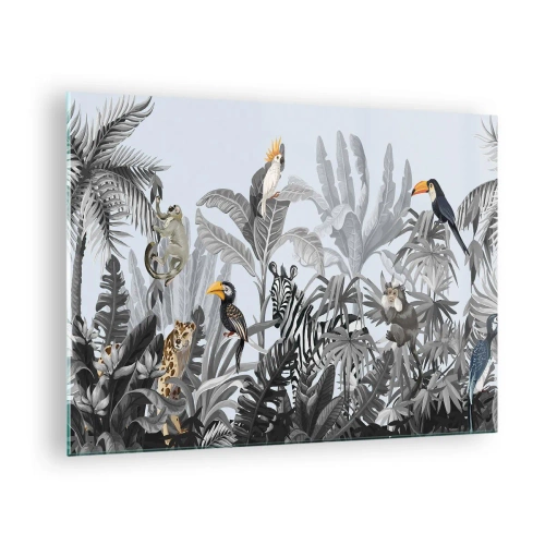 Quadro su vetro - Animali esotici in una giungla in bianco e nero su uno sfondo chiaro - 70x50cm - Favola africana - Decorazione murale moderna per soggiorno e camera da letto ARTTOR