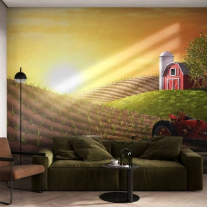 Fotomurali Premium Sand - Tramonto su una fattoria con un trattore rosso e un fienile - 100x70cm - La fattoria delle favole - Decorazione murale moderna per soggiorno e camera da letto ARTTOR