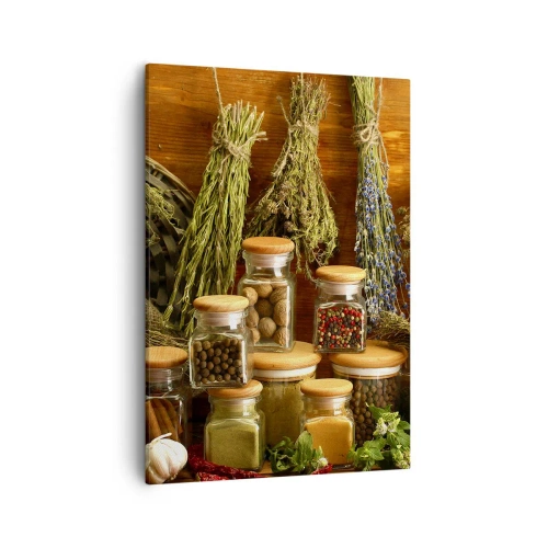 Quadro su tela - Stampe su Tela - Erbe e spezie in barattoli su uno sfondo rustico - 50x70cm - Magie di cucina - Decorazione murale moderna per soggiorno e camera da letto ARTTOR