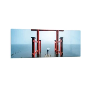 Quadro su vetro - Un cancello torii che si affaccia su un tranquillo lago in Giappone - 140x50cm - Meditazione giapponese - Decorazione murale moderna per soggiorno e camera da letto ARTTOR