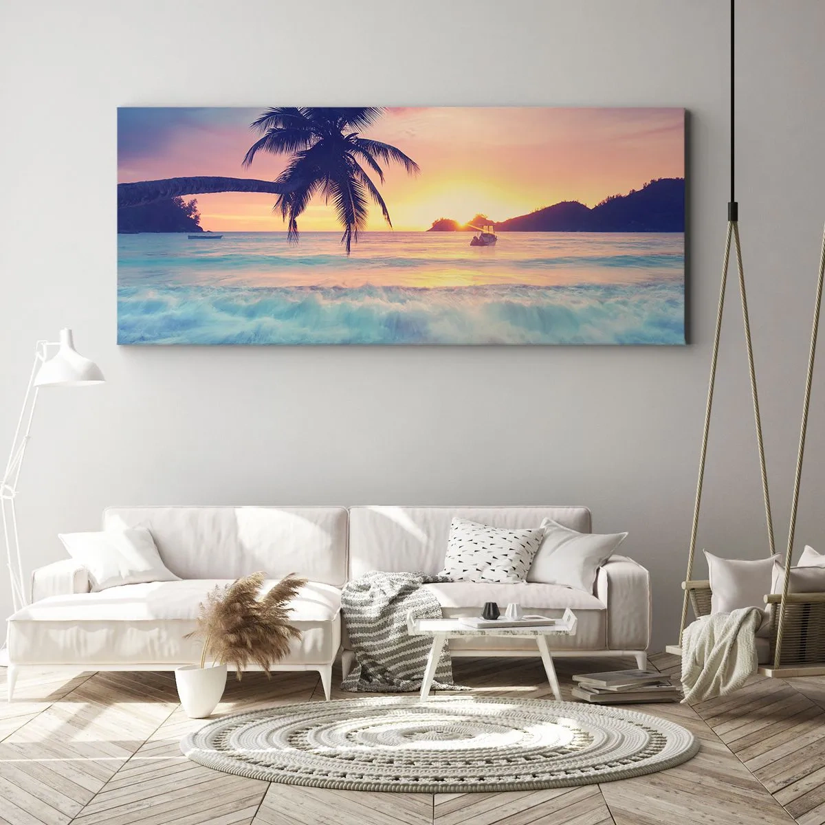 Quadro su tela - Stampe su Tela - Spiaggia con una palma e un tramonto sull'oceano - 160x50cm - Sera nell'insenatura - Decorazione murale moderna per soggiorno e camera da letto ARTTOR