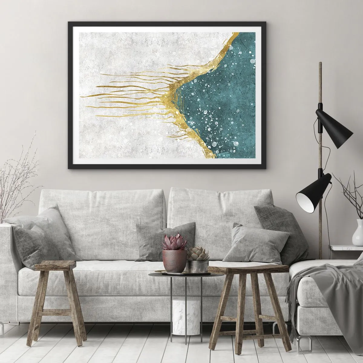 Poster in cornice nera - Una composizione astratta nei toni dell'oro e del turchese - 70x50cm - Flusso dorato - Decorazione murale moderna per soggiorno e camera da letto ARTTOR